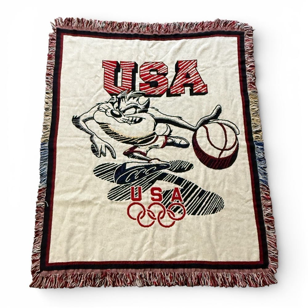 Vintage 1995 Looney Tunes Taz USA Olympics Basketball Throw Blanket Collectible